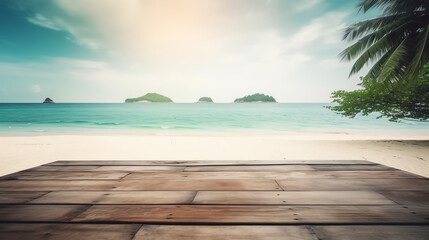 Fototapeta premium empty mockup wooden table in beach ai generative