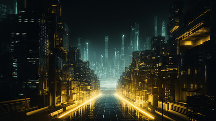 night city cyberpunk style with yellow and blue light ai generative