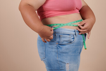 fat woman measuring her stomach, isolate on white background, she wants to lose weight concept. Positive lifestyle., Type with increased fat deposition and fullness