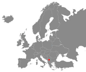 Map of Kosovo highligted with red in Europe map