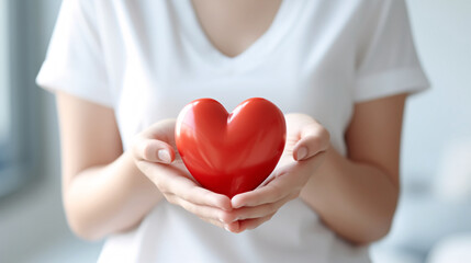Holding red heart in hands, medical dedication love charity concept poster