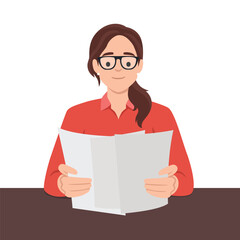 Woman reading paper document and speech bubble with info sign. Concept of professional guide, manual or instruction, counselor providing information. Flat vector illustration isolated 