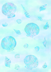水彩の貝殻と海のイメージ