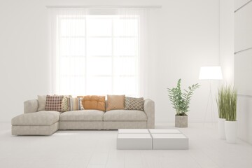 White modern interior design with sofa. Scandinavian interior design. 3D illustration