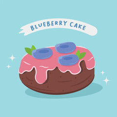 Sweet blueberry cake vector. Black berry cake, cheese cake. Flat design with lettering. Sweet desert and bakery.