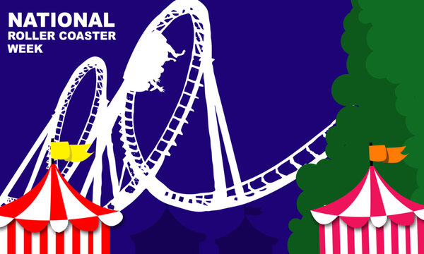 white silhouette of roller coaster game in amusement park with tents and bold text commemorating NATIONAL ROLLER COASTER WEEK
