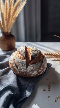 Loaf of Fresh Homemade Sourdough Bread Edited Using Generative AI Technology