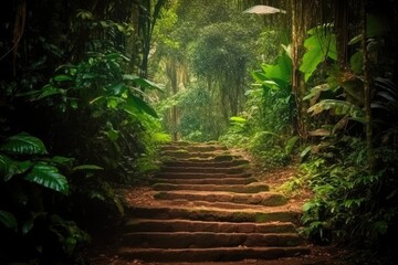 set of wooden steps surrounded by lush green jungle foliage Generative AI