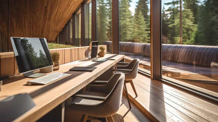 a roomy office and open space with two conference tables, wood walls, and a wooden desk, in the style of monochrome toning, photo-realistic landscapes, living materials, glazed surfaces, light silver 