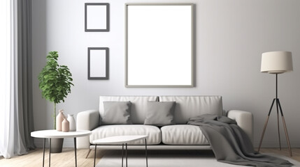 living room with sofa and mockup blank photo frame generative ai
