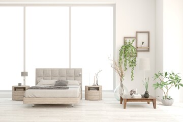 Fototapeta premium White bedroom concept. Scandinavian interior design. 3D illustration