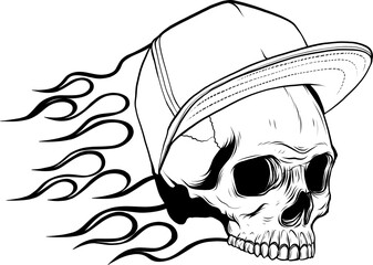 skull with cap and flames on white background. vector illustration Monochrome