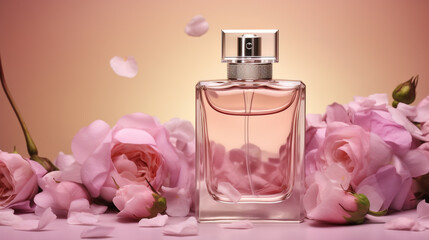 Obraz na płótnie Canvas a bottle of parfume with petal decoration generative ai