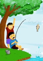 two small children are stealing mangoes in other people's gardens, and two small children are fishing in the river