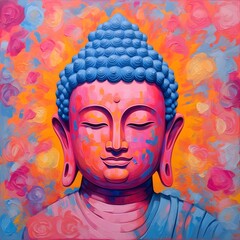 Colorful face of buddha statue, Generative AI