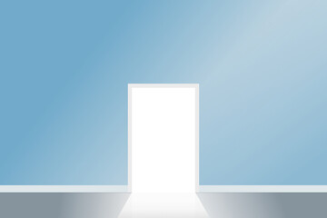 The light shines on the white door. Blue background. walking to success , business illustration. Vector illustration concept for web design