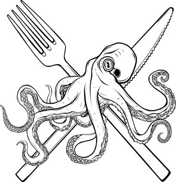 vector illustration of Monochrome octopus with cutlery on white background