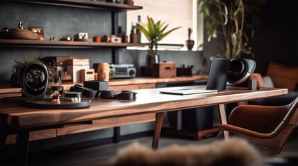 Fototapeta na wymiar a roomy office and open space with two conference tables, wood walls, and a wooden desk, in the style of monochrome toning, photo-realistic landscapes, living materials, glazed surfaces, light silver 
