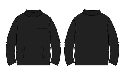 Long Sleeve Sweatshirt technical fashion flat sketch vector illustration Black Color template front and back views. Fleece jersey sweatshirt sweater jumper for men's and boys.
