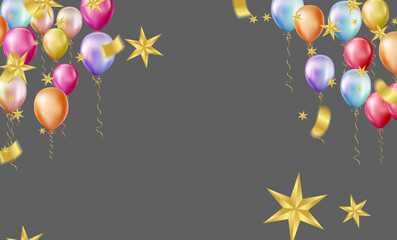 Illustration of colorful balloons with gold stars and ribbons on grey background