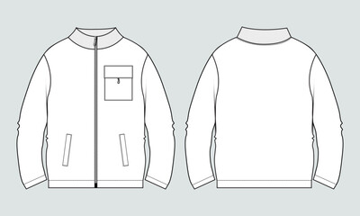 Long sleeve jacket with pocket and zipper technical fashion flat sketch vector illustration template front and back views. Fleece jersey sweatshirt jacket for men's and boys.
