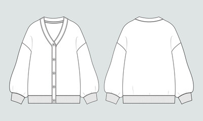 V- neck cardigan for ladies technical drawing fashion flat sketch vector illustration template front and back views