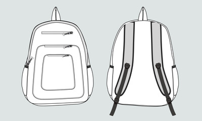Back pack technical drawing fashion flat sketch vector illustration template front and back views