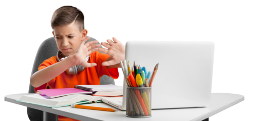 Child in headphones have a video call, distant class, using a laptop