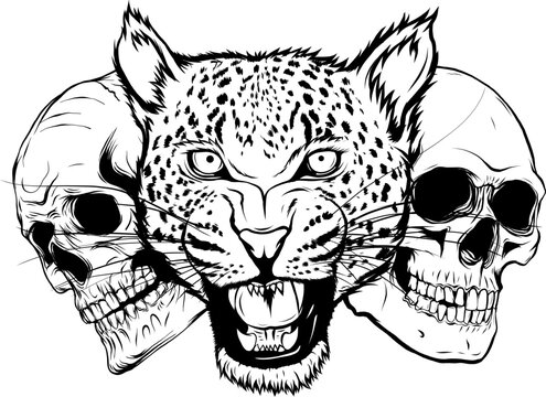Monochrome Leopard face with two human skull. Vector illustration on white background