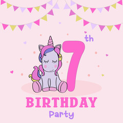 Birthday invitation for baby girl with cute unicorn, Birthday invitation. Seventh year of birth