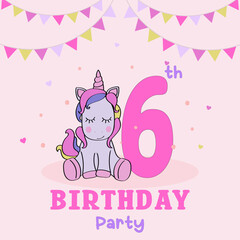 Birthday invitation for baby girl with cute unicorn, Birthday invitation. Sixth year of birth