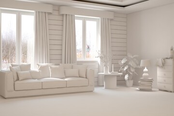 White living room with sofa and winter landscape in window. Scandinavian interior design. 3D illustration