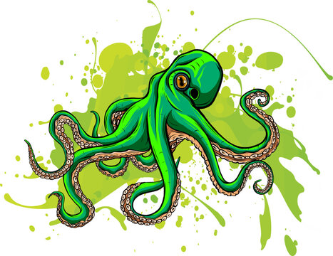 Vector green octopus icon. Under the sea illustration with cute funny ocean animal.