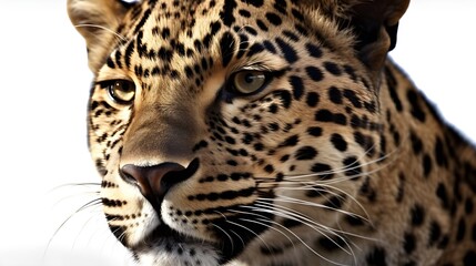 Close up portrait from side face ferocious carnivore leopard, stare or looking straight forward isolated on white background. Generative AI technology.