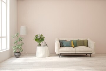 White living room with sofa. Scandinavian interior design. 3D illustration