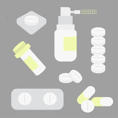 A set of vector images of medicines: tablets, spray, packaging with medicines.