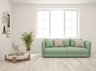 White modern interior design with sofa. Scandinavian interior design. 3D illustration