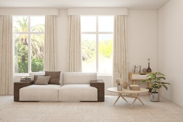 White living room with sofa and summer landscape in window. Scandinavian interior design. 3D illustration