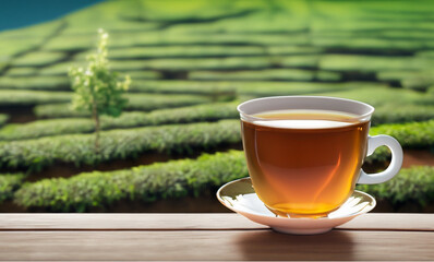 cup of tea on the table, Tea cup with on the wooden table, the tea plantation. 