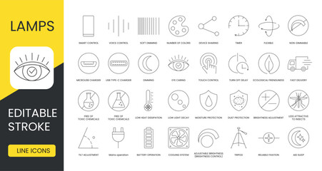 Set of line icons in vector for lamp packaging, technical specifications illustration, voice control and smart control, soft dimming and number of colors, free of toxic chemicals. Editable stroke. - obrazy, fototapety, plakaty
