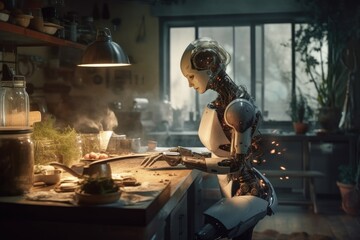 A female android robot based on artificial intelligence. Assistant at home, cleaning, cooking and various entertainment. Cute Woman, nano-technology, revolution in science. Perfection. Generative AI.