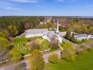 First Baptist Church of Hampton Falls aerial view at Town Common in historic town center of Hampton...