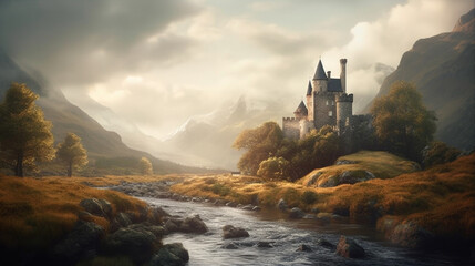 Fototapeta premium Illustration of a decaying castle in a Scottish landscape. Generative AI. 