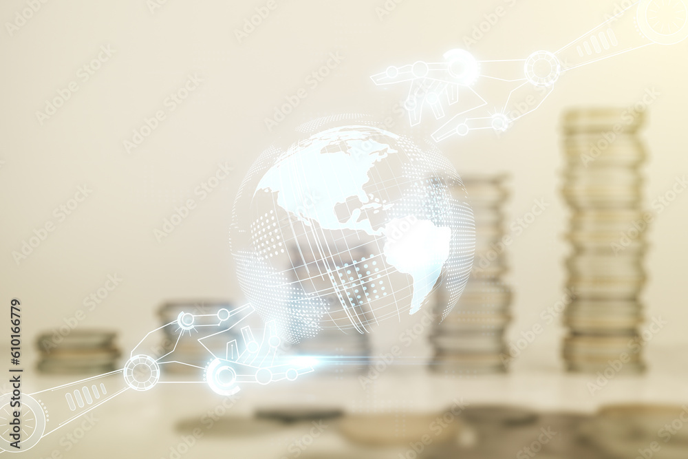 Aufkleber abstract virtual robotics technology hologram with globe sketch on stacks of coins background. robot