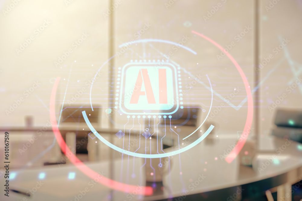 Aufkleber Double exposure of creative artificial Intelligence abbreviation hologram on a modern boardroom background. Future technology and AI concept