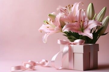 Mother's day theme background with pink flowers and gift. Generative AI.
