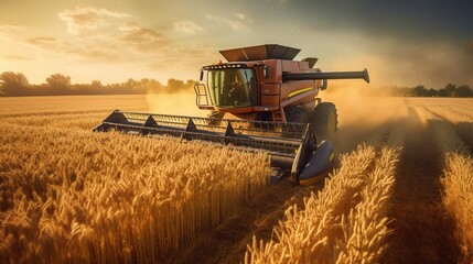 Obraz premium Modern harvester working in a wheat field. Generative AI.