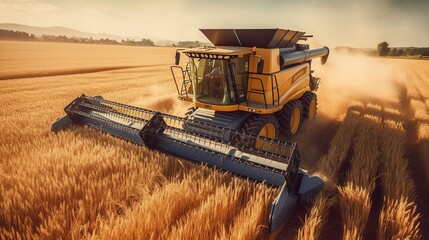 Modern harvester working in a wheat field. Generative AI.