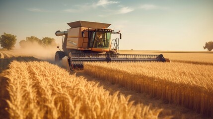 Fototapeta premium Modern harvester working in a wheat field. Generative AI.