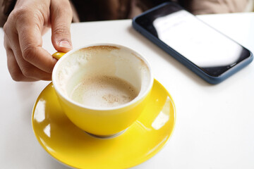 top view of empty coffee cup on table ,